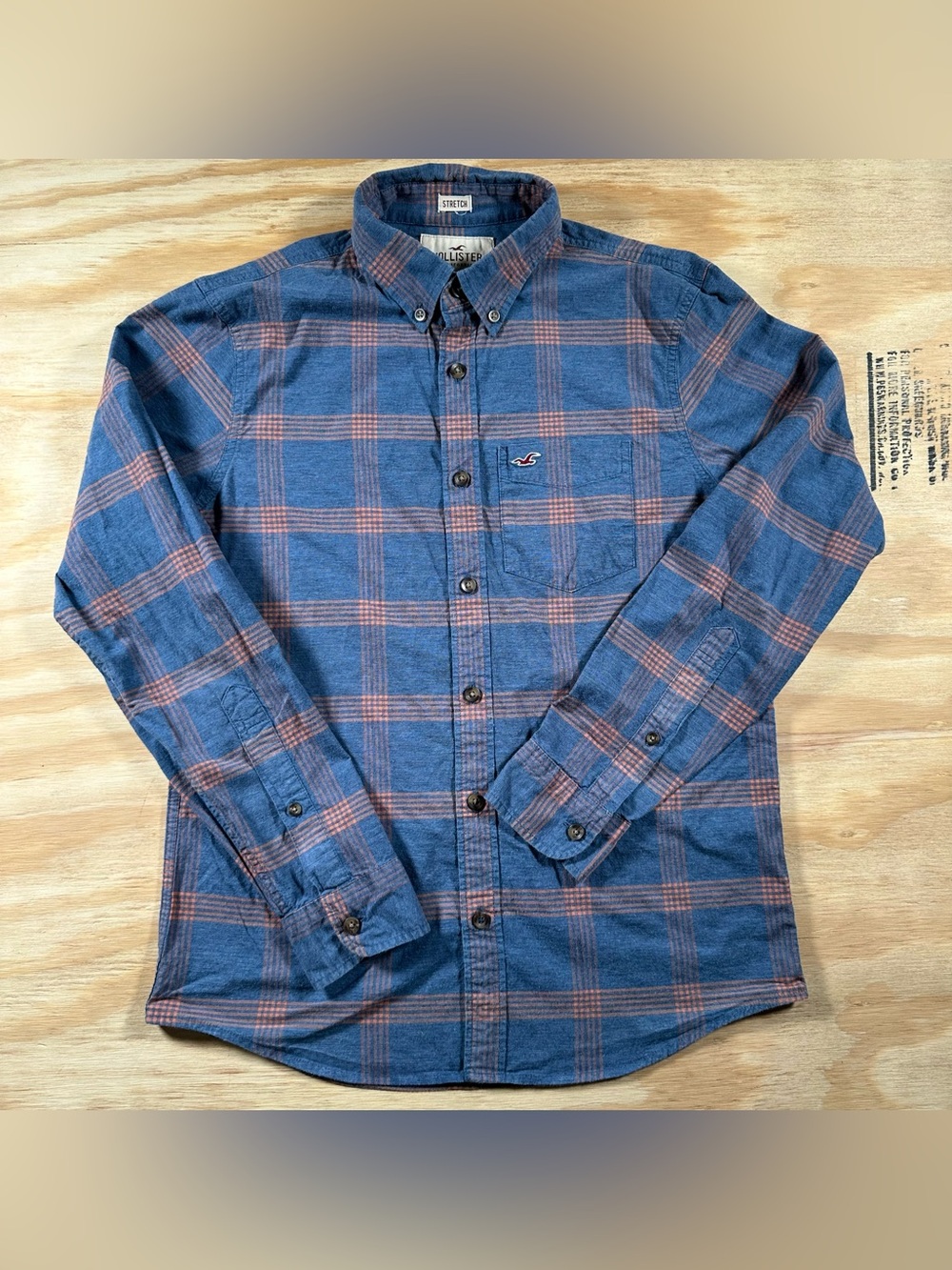 Hollister Mens Small Stretch Plaid Long Sleeve Button Down Shirt Blue Orange Poc